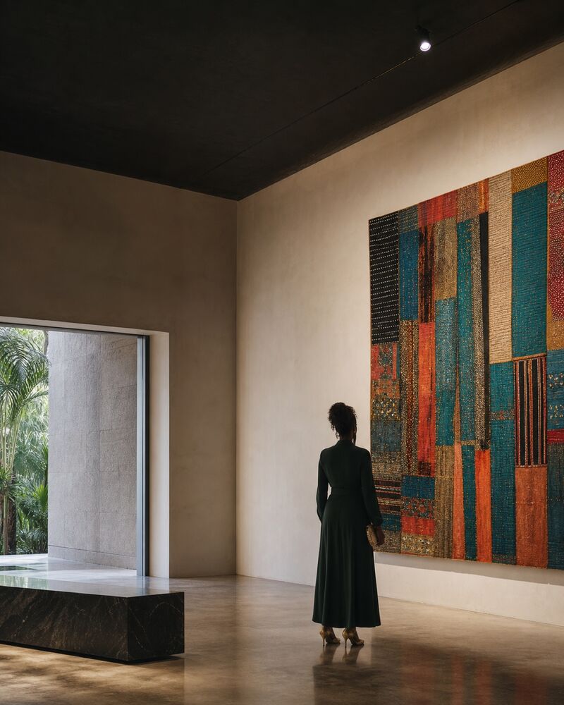 A visitor viewing contemporary Nigerian art in a quiet gallery