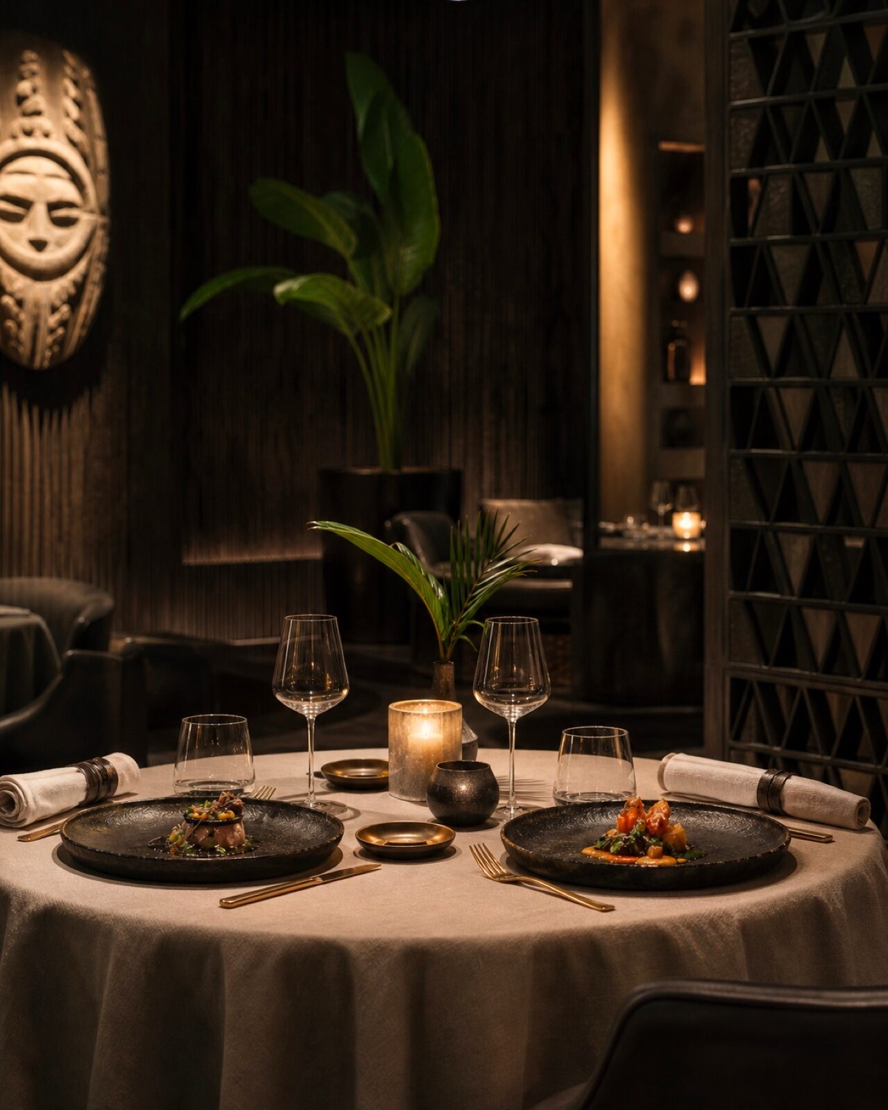 An intimate fine dining table prepared for two