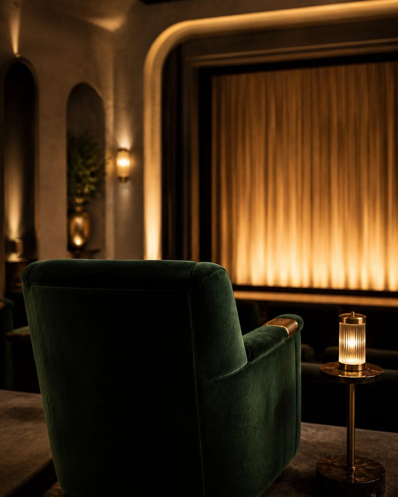 A private cinema seat facing a softly lit stage