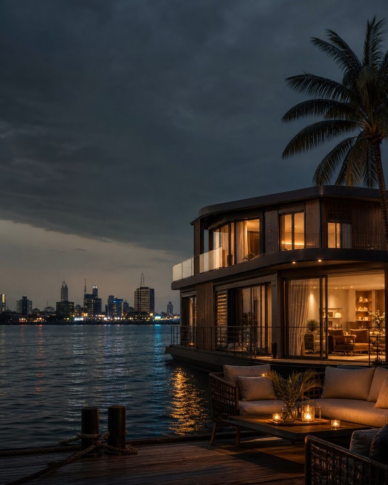 A private houseboat glowing on the Lagos lagoon at blue hour