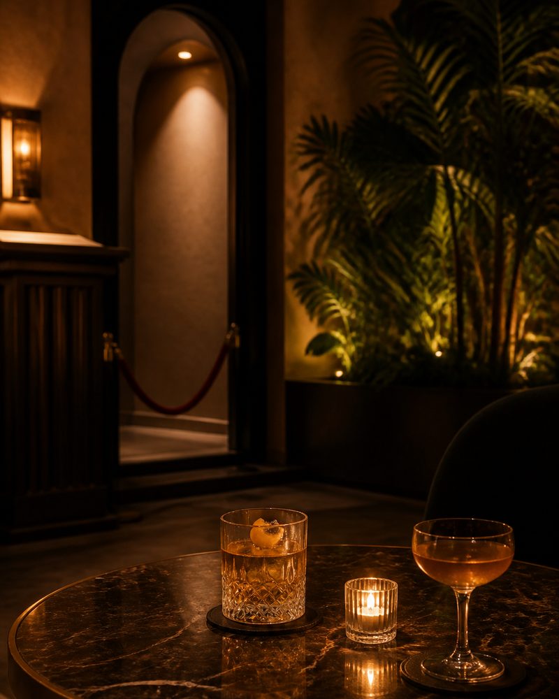Amber cocktails on a marble table in a candlelit private lounge after midnight