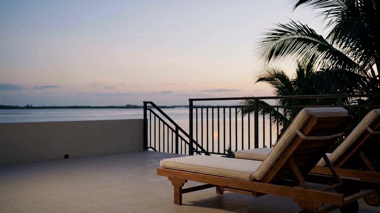Palm-lined Lagos terrace at sunrise, seen across the lagoon