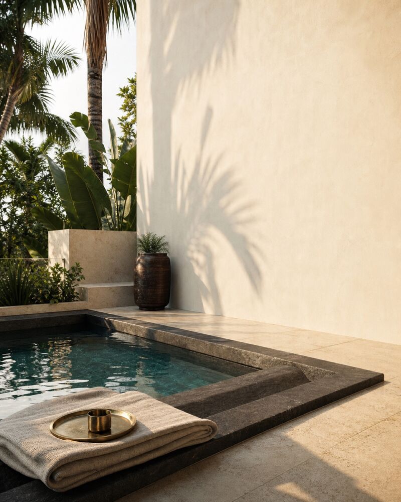 A private tropical wellness terrace in soft morning light